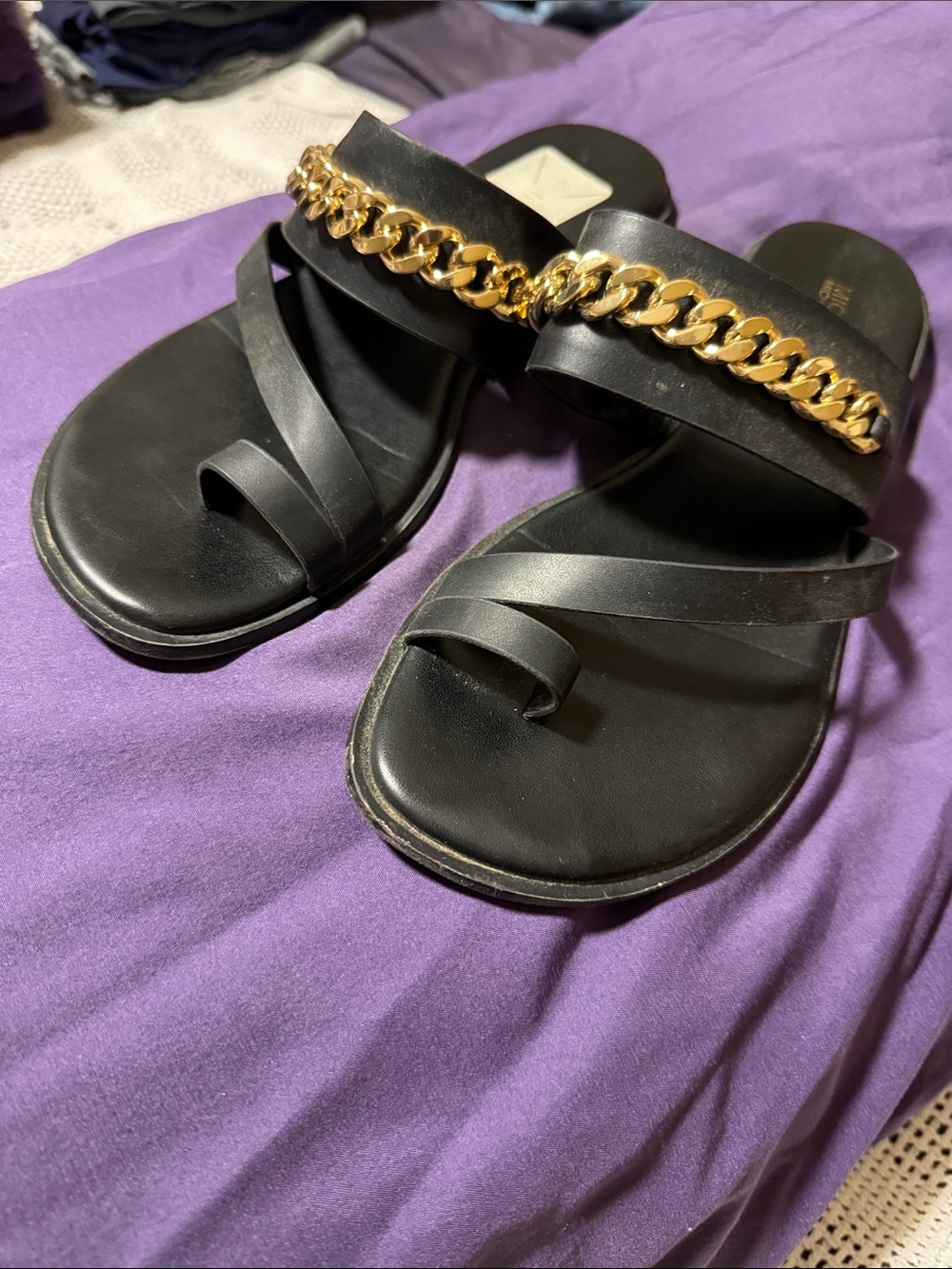 MICHAEL Michael Kors Black Slide Sandals with Gold Chain - size 8.5